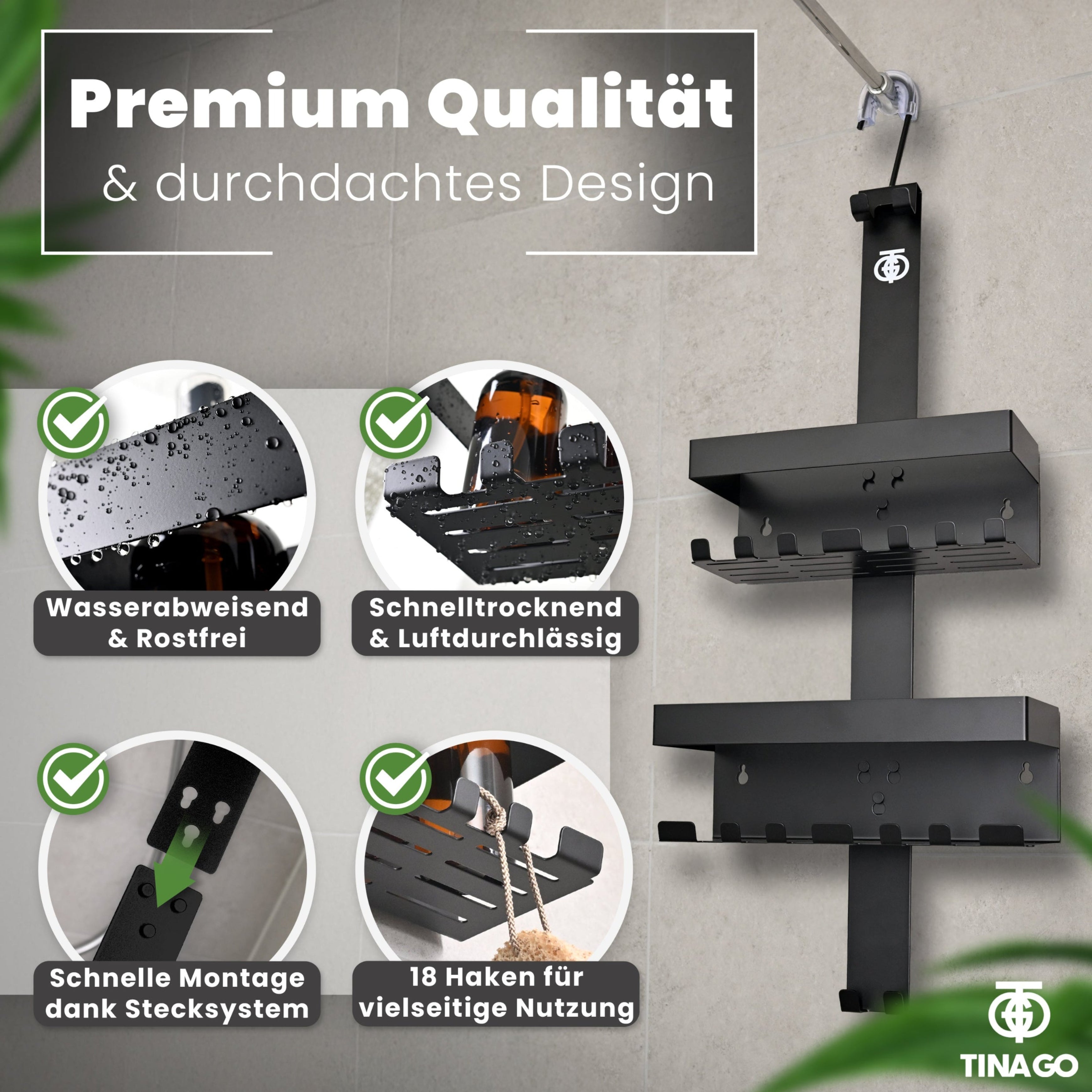 TINAGO Duschablage ohne Bohren Badezimmer Organizer Schwarz